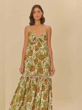 FARM Rio Green & Orange Floral Tie-Front Maxi Dress
